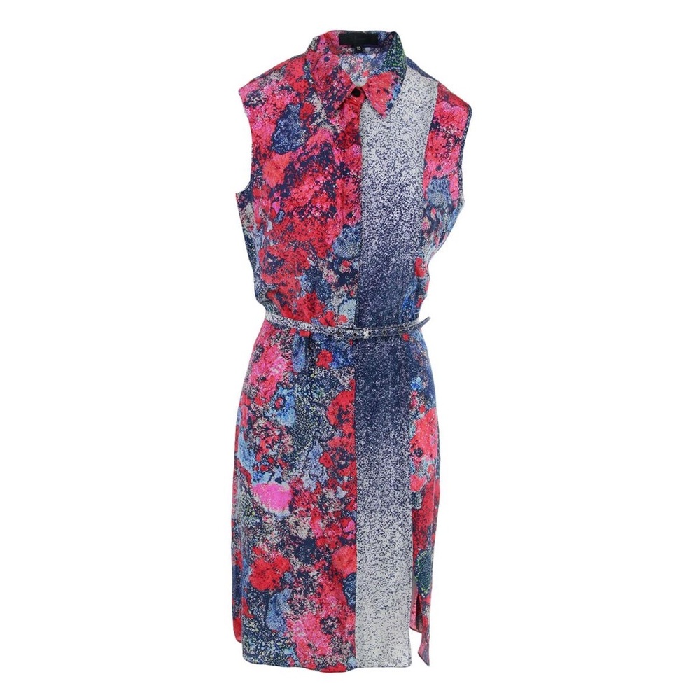 Misha Nonoo Red blue Silk Printed Button Down Collared Sleeves Dress Size 10 NWT